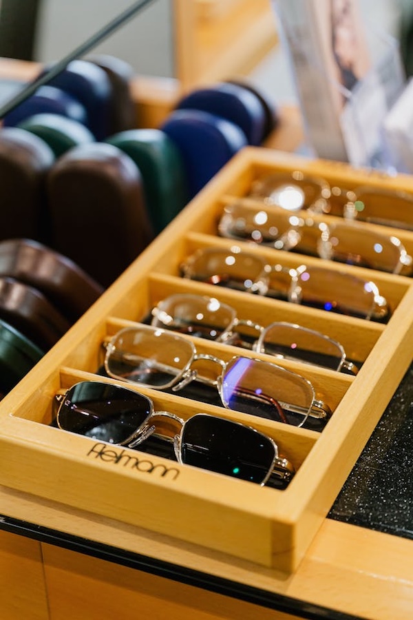 glasses in wooden display