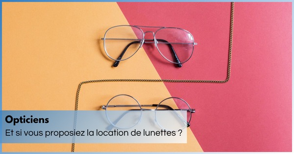 two pairs of glasses on a two-tone background and separated by a chain