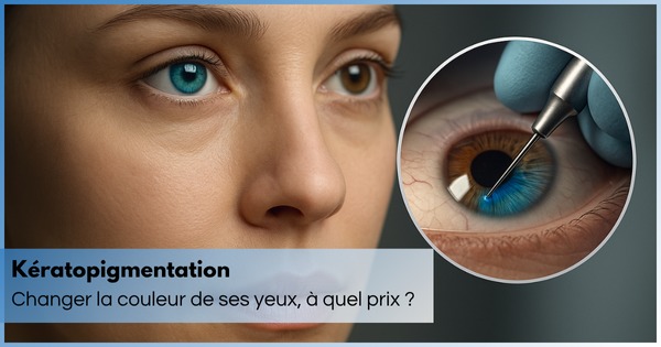 Illustration of eye color change surgery. Young woman with odd-colored eyes.